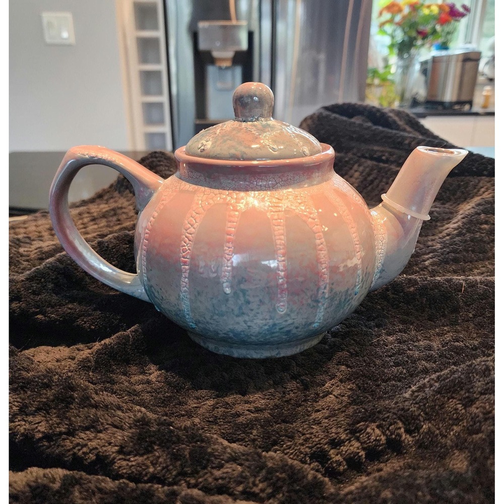 Handmade Iridescent Pottery Teapot Jill B 2010 Signed Pink Blue Glazed Ceramic